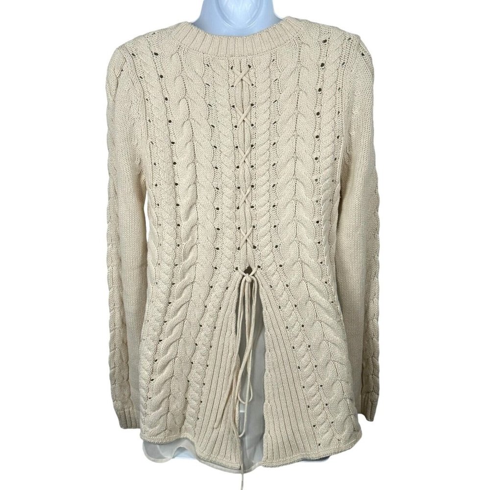 Cabi Womens Sweater Small‎ Cable Knit Corset Tie Back Style 3157 Ivory Cream